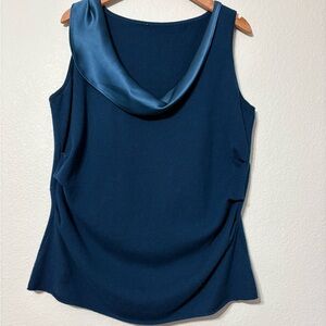 Elegant Aquamarine Blue Cashmere Sleeveless Sweater with Satin Cowl Neck Ruched